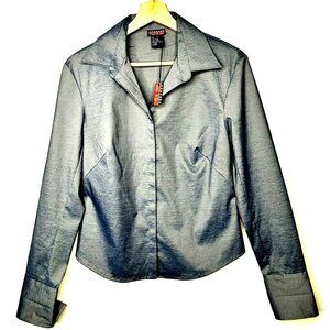 Mac & Jac Womens Blouse Shiny Long Sleeve Shirt Polyester Blend Blue Size 6 NWT